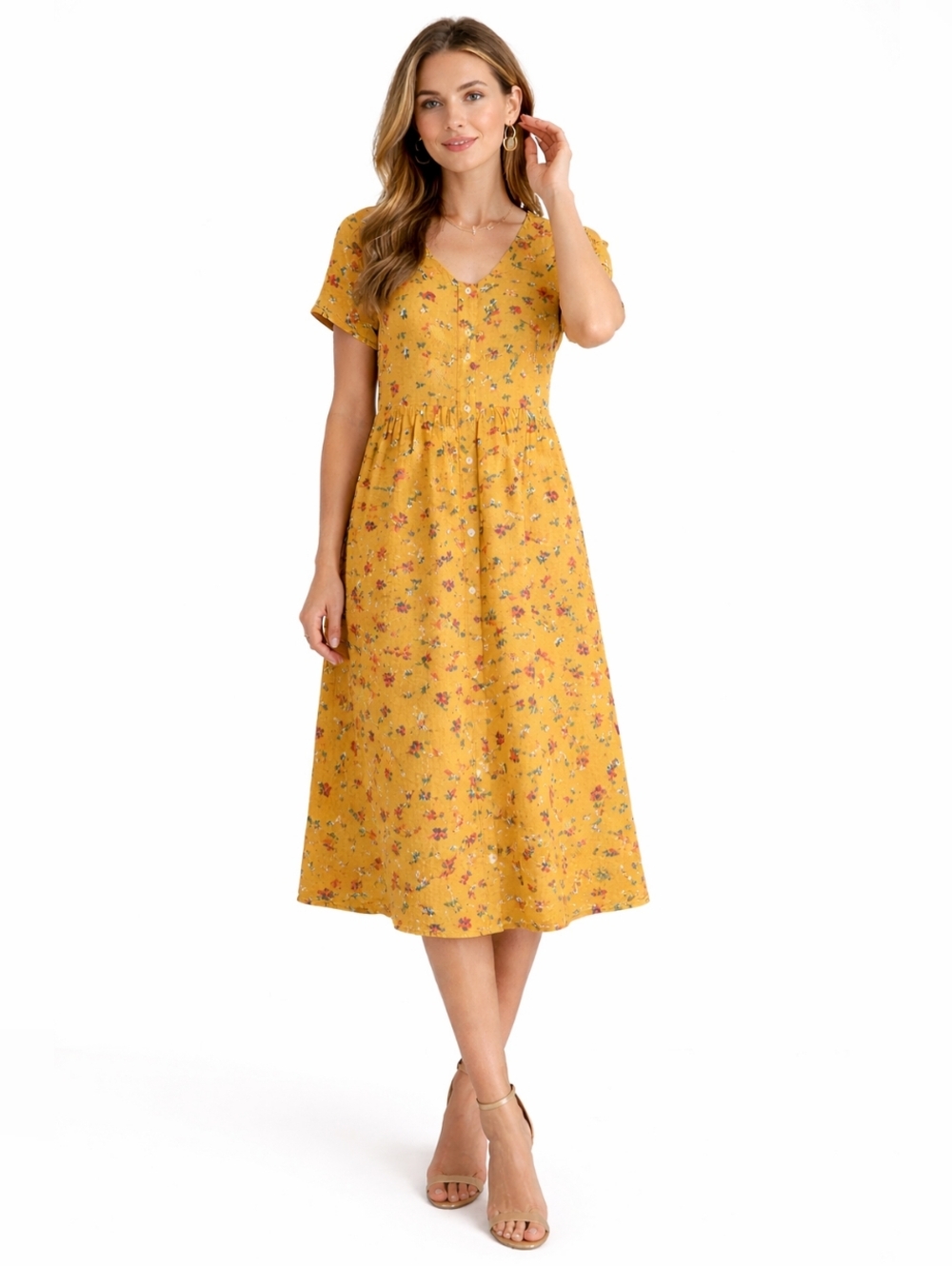 ROOLEE Mustard Floral Midi Dress XS Button Front Short Sleeve Boho Spring